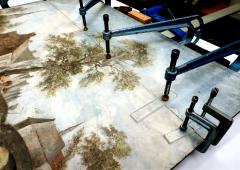 Gardienne des Arts - Réassemblage des planches de cette peinture à l'huile sur bois